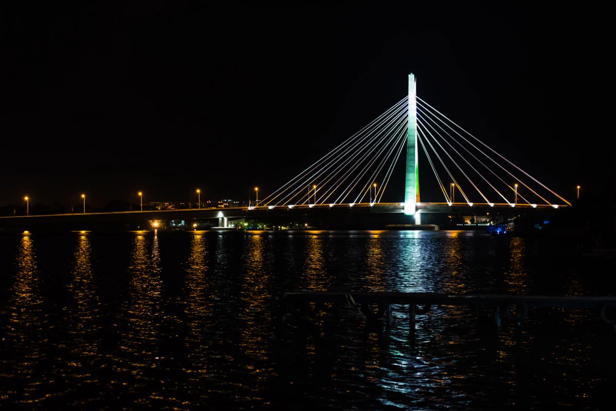 The Lekki–Ikoyi Link Bridge in Lagos lit up at night